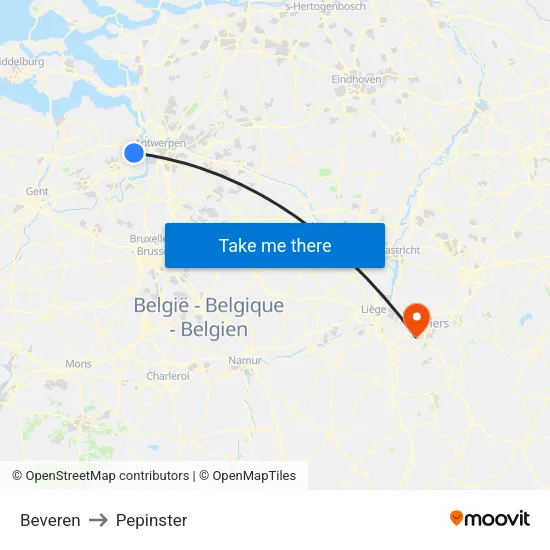 Beveren to Pepinster map