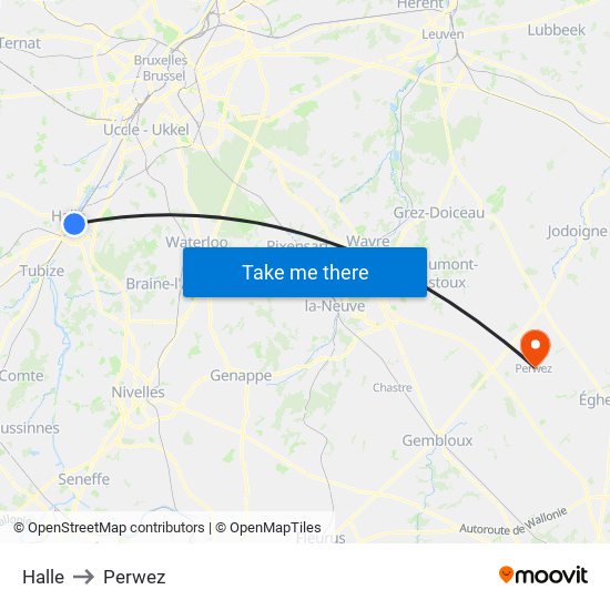 Halle to Perwez map