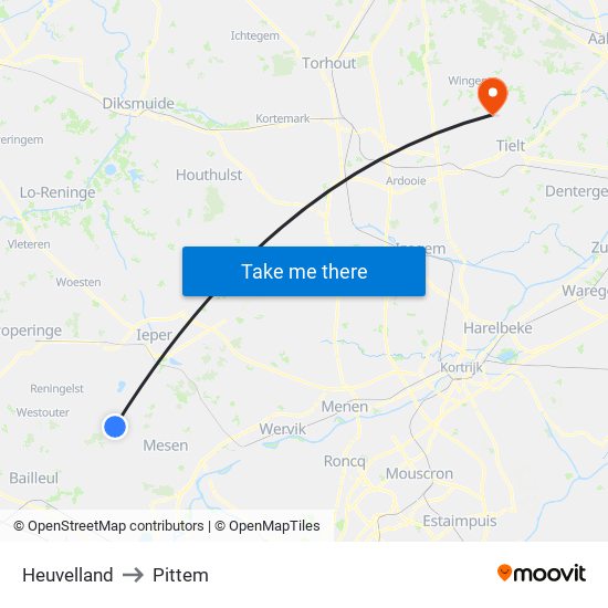 Heuvelland to Pittem map