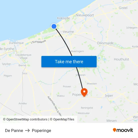 De Panne to Poperinge map