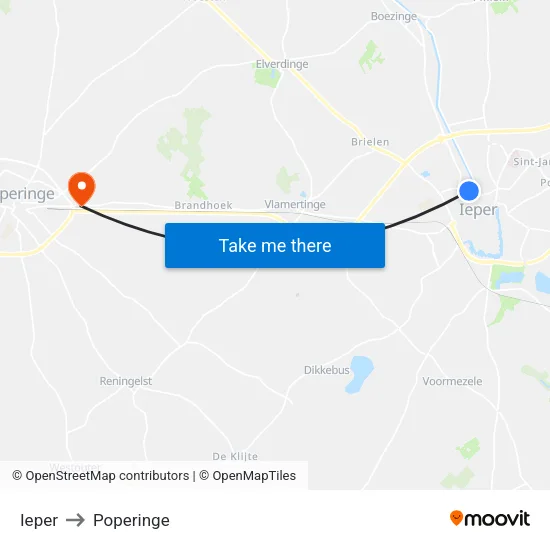 Ieper to Poperinge map