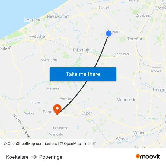 Koekelare to Poperinge map