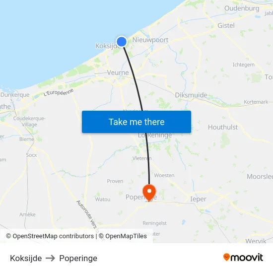Koksijde to Poperinge map