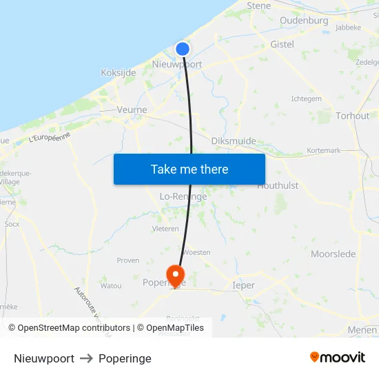 Nieuwpoort to Poperinge map