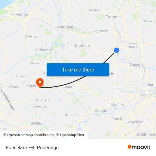 Roeselare to Poperinge map