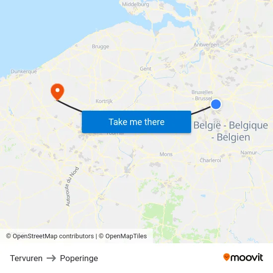 Tervuren to Poperinge map
