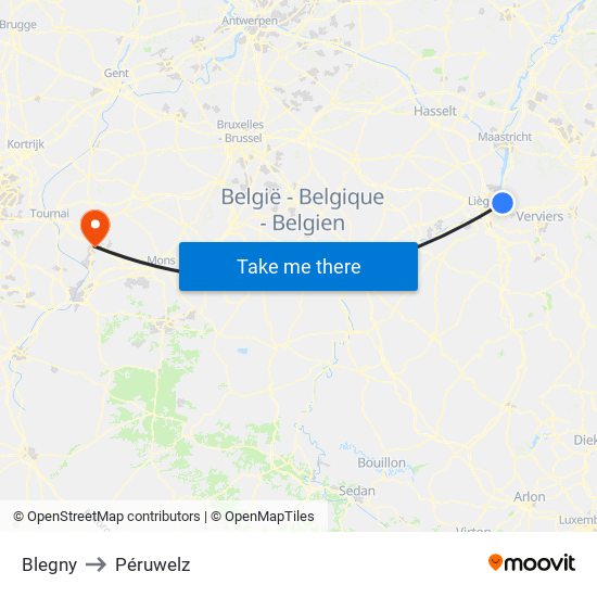Blegny to Péruwelz map