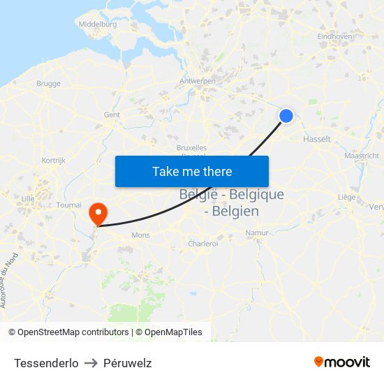 Tessenderlo to Péruwelz map