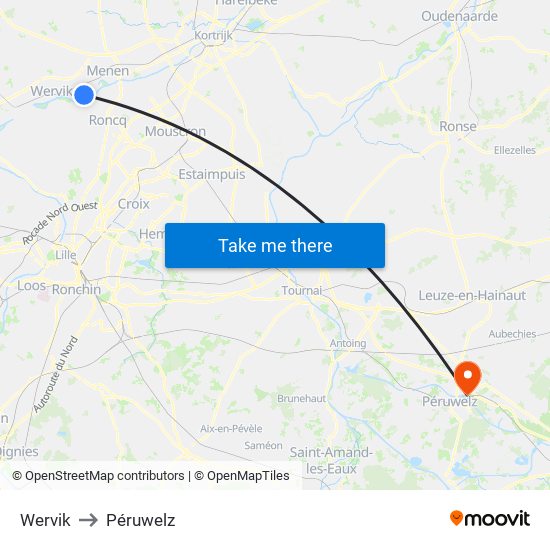 Wervik to Péruwelz map