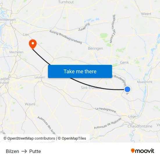 Bilzen to Putte map