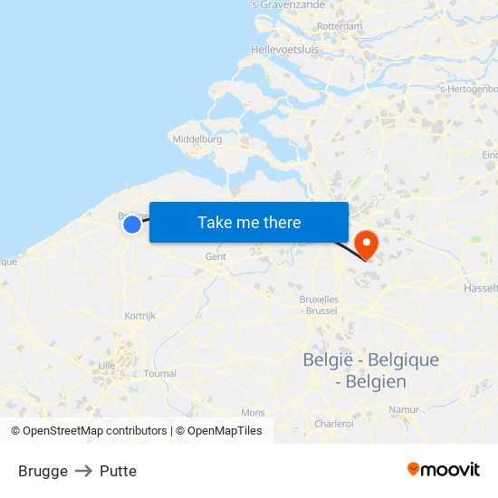 Brugge to Putte map