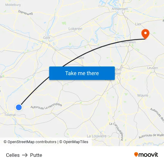 Celles to Putte map