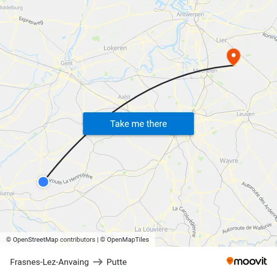 Frasnes-Lez-Anvaing to Putte map