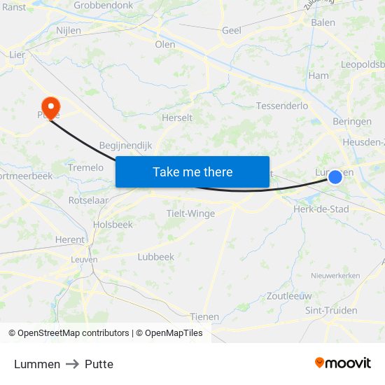 Lummen to Putte map