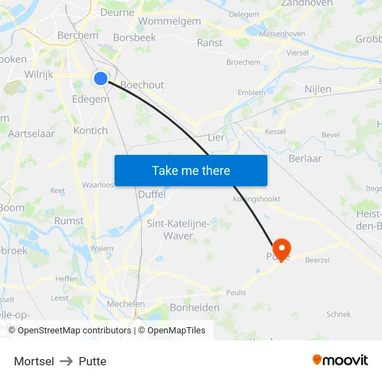Mortsel to Putte map