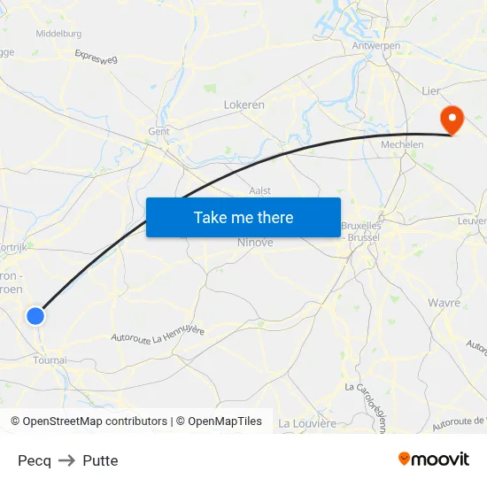 Pecq to Putte map