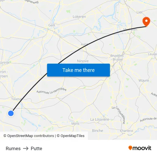 Rumes to Putte map