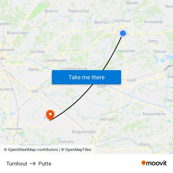 Turnhout to Putte map