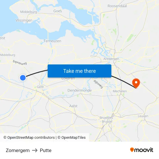 Zomergem to Putte map