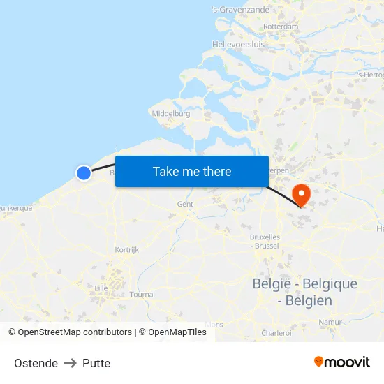 Ostende to Putte map