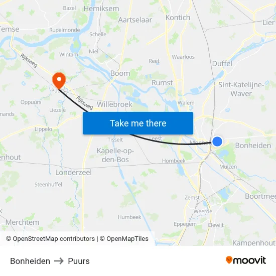 Bonheiden to Puurs map