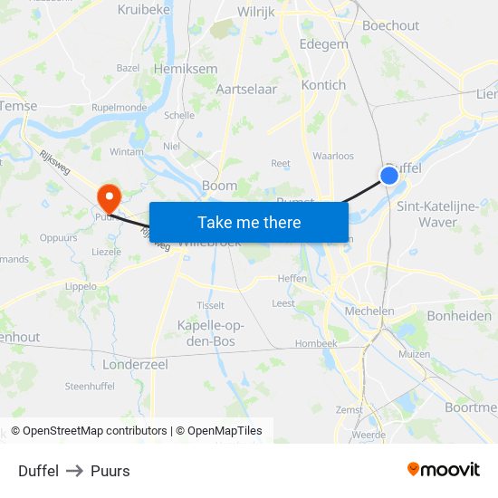 Duffel to Puurs map