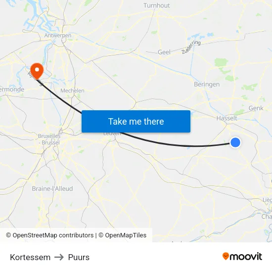 Kortessem to Puurs map