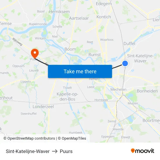 Sint-Katelijne-Waver to Puurs map