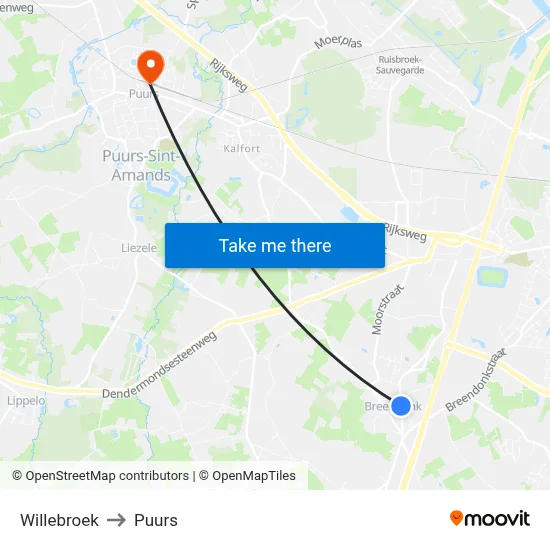 Willebroek to Puurs map