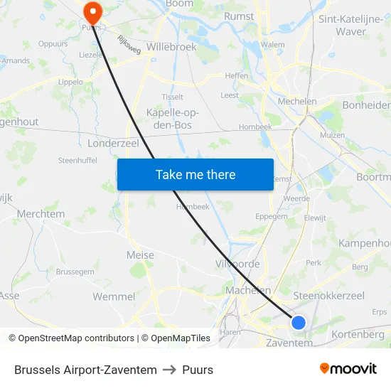 Brussels Airport-Zaventem to Puurs map