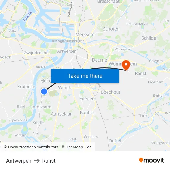 Antwerpen to Ranst map