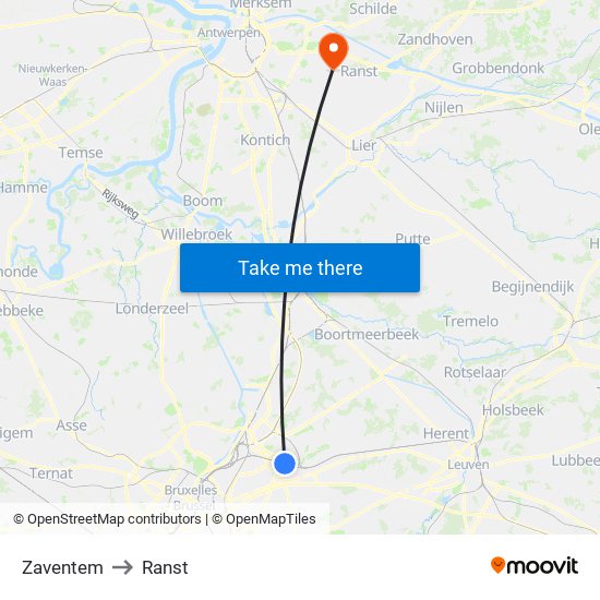 Zaventem to Ranst map