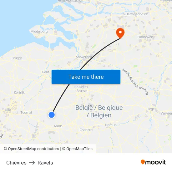 Chièvres to Ravels map
