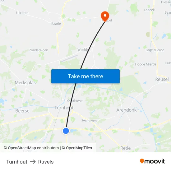 Turnhout to Ravels map