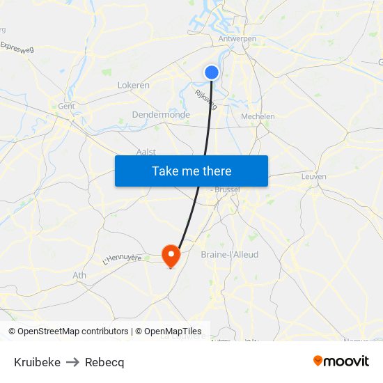 Kruibeke to Rebecq map