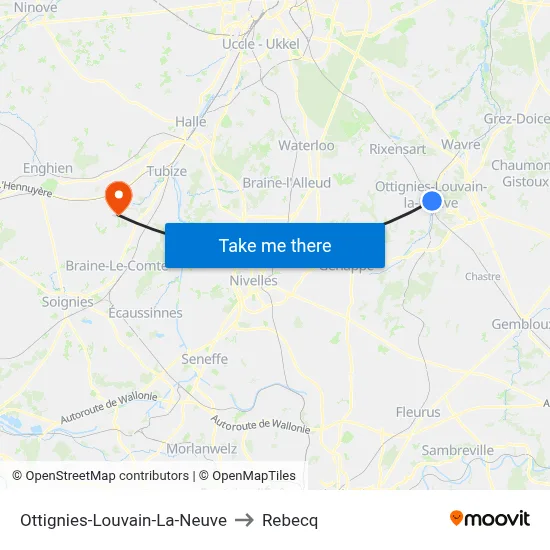 Ottignies-Louvain-La-Neuve to Rebecq map