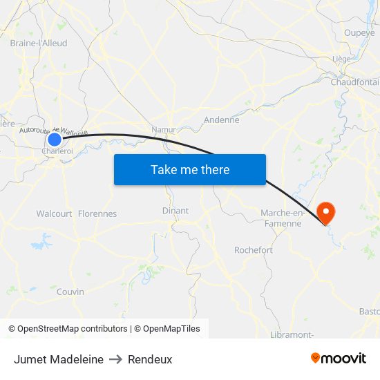 Jumet Madeleine to Rendeux map