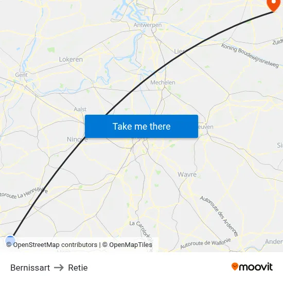 Bernissart to Retie map