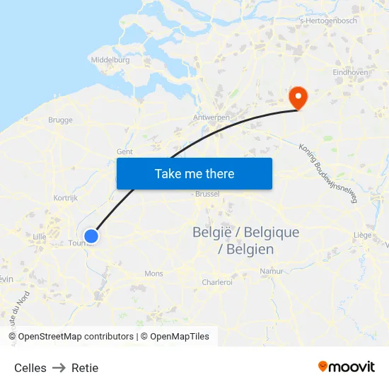 Celles to Retie map
