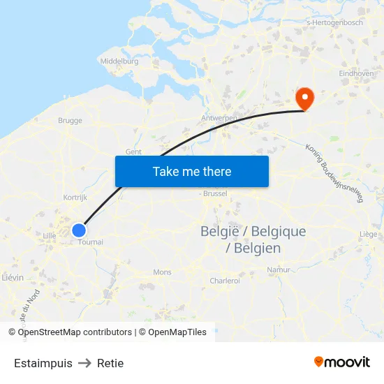 Estaimpuis to Retie map