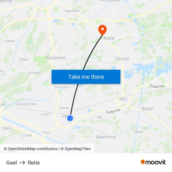 Geel to Retie map
