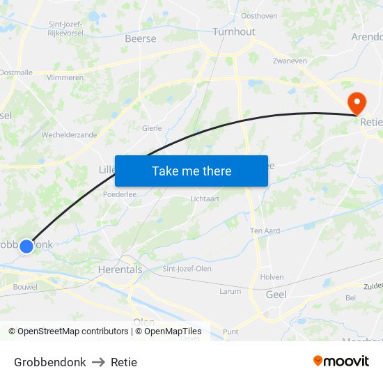 Grobbendonk to Retie map
