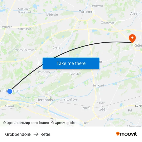 Grobbendonk to Retie map