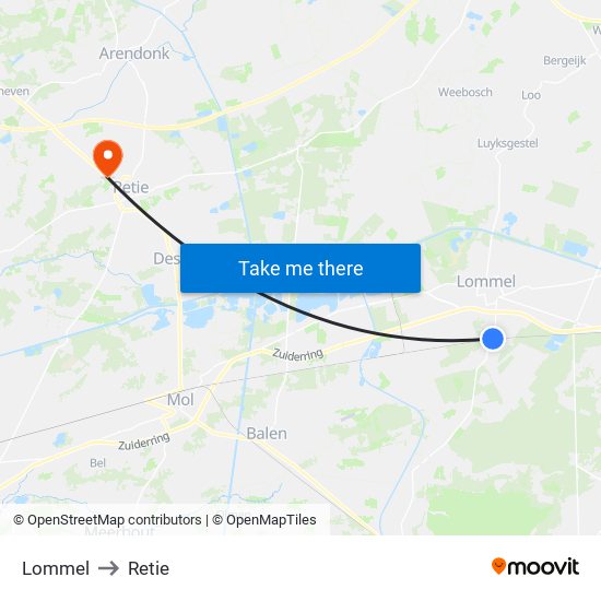 Lommel to Retie map