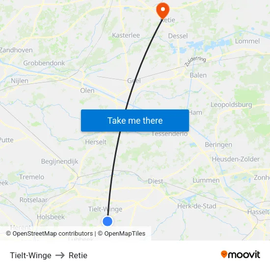 Tielt-Winge to Retie map