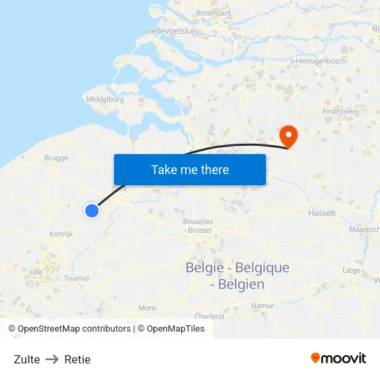 Zulte to Retie map