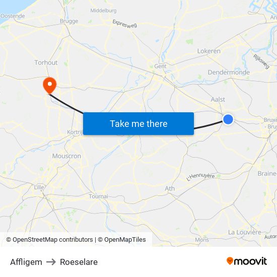 Affligem to Roeselare map