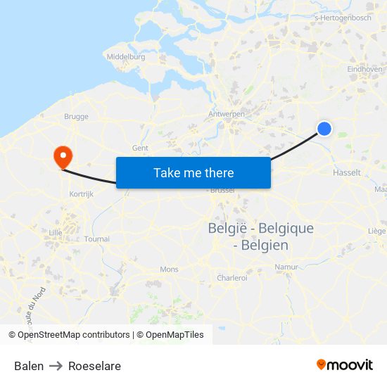 Balen to Roeselare map