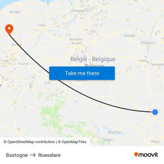 Bastogne to Roeselare map