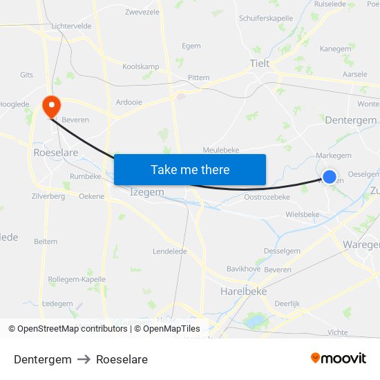 Dentergem to Roeselare map